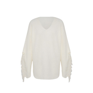 嫚渡|100%山羊绒流苏针织V领长袖宽松中长款套头白色山羊绒衫