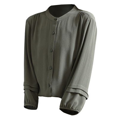 高端鬼皱褶纯色100%桑蚕丝上衣