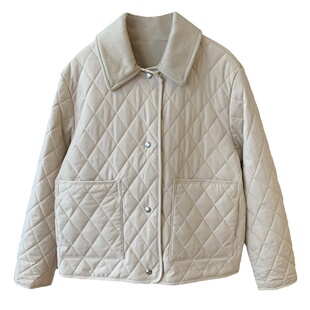 田曦薇同款杏色高级感绗缝菱格棉服外套女秋冬轻薄休闲风宽松棉衣