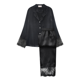 花漾浪漫』桑罗蕾丝拼接水晶钻长袖真丝家居服可外穿女四季可穿