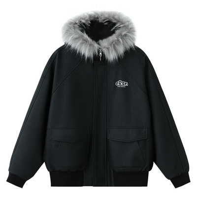 ER美式复古潮牌刺绣PU夹克2025春秋小众毛领高街休闲外套男女同款