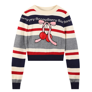 BarryBanny女童针织衫长袖樱桃春季新款圆领复古条纹百搭打底上衣