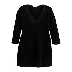 铅笔莓莓 法式蕾丝拼接正肩长袖V领内搭打底衫女新款早秋t恤上衣