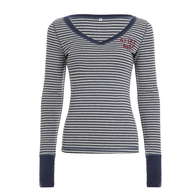 WEEKEEP 美式街头休闲撞色条纹字母刺绣T恤女百搭修身V领长袖上衣