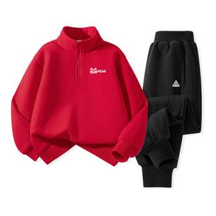 匹克男童加绒运动套装儿童红色一体绒卫衣裤子两件套青少年拜年服
