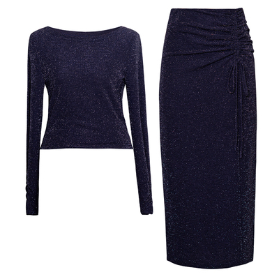 罗衣优雅知性抽褶亮丝针织两件套