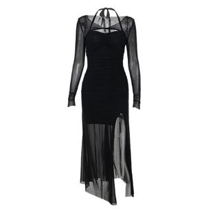 instunning黑色纯欲挂脖连衣裙女性感开衩网纱拼接长裙子罩衫套装