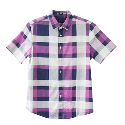 紫色大格子蚕丝短袖衬衫LEONARDO