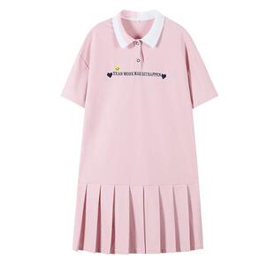 初中生连衣裙女夏装polo领裙子高中学生直筒休闲女孩韩版百褶裙