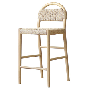 进口实木高脚椅真皮家用北欧诧寂藤编ins吧台凳靠背岛台椅