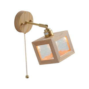 日式白蜡木壁灯原木风床头飘窗民宿酒店带拉绳开关可左右旋转灯具