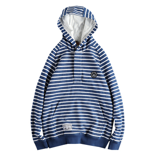 阿美咔叽复古海魂条纹男款卫衣 内里加薄绒舒适青年帽衫外套上衣