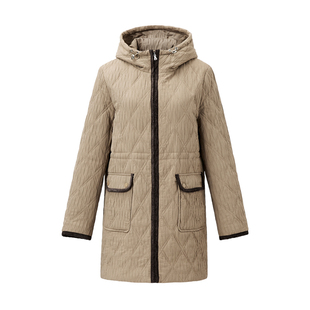 颜域菱格收腰连帽棉服女2025冬季新款中长款拉链保暖修身气质外套