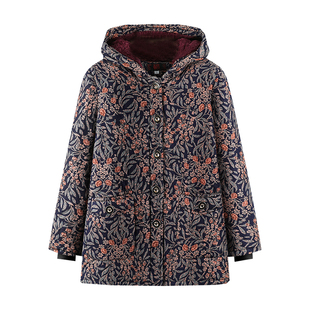 大码女装冬装新款印花连帽中长款棉衣冬季妈妈加绒加厚棉袄老太太