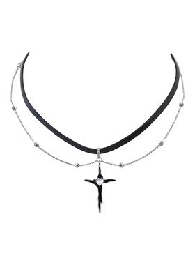 黑色皮质十字架双层锁骨链