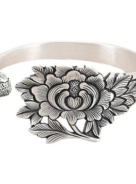 倾城牡丹足银999纯银手镯古法工艺手工錾刻牡丹花女哑光开口手环