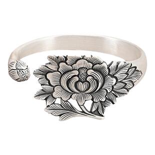 倾城牡丹足银999纯银手镯古法工艺手工錾刻牡丹花女哑光开口手环