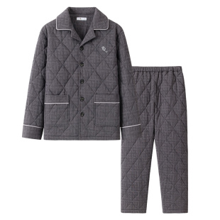 睡衣男款秋冬款纯棉夹棉三层加厚冬季棉服青年大码全棉家居服套装