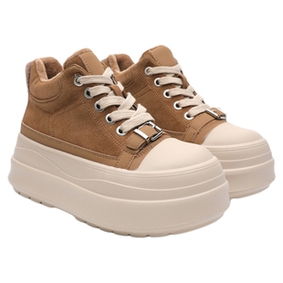 月芽儿2025年秋冬新款厚底加绒高帮鞋女百搭系带松糕底板鞋面包鞋