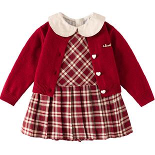 班喜迪女童连衣裙春装新款儿童小香风套装裙子宝宝周岁礼服拜年服