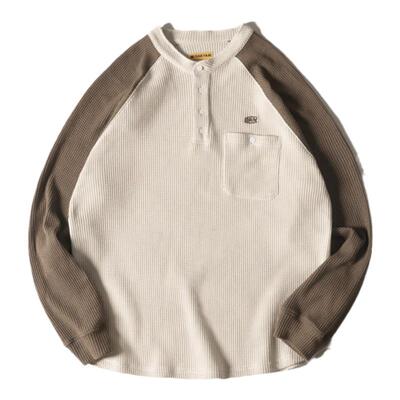 DAKYAM长袖复古男拼色T恤华夫格