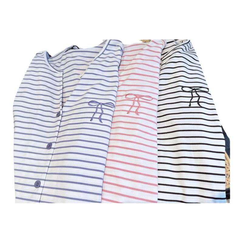 HEARMES 蝴蝶结开衫条纹睡衣女款春秋长袖莫代尔家居服套装可外穿