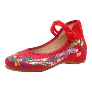 老北京布鞋绣花鞋女款汉服鞋牛筋底内增高单鞋坡跟红色广场舞女鞋