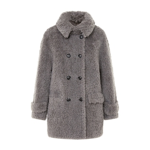 朗姿/莱茵福莱尔100%绵羊毛外套女千金风颗粒感双排扣毛绒大衣冬