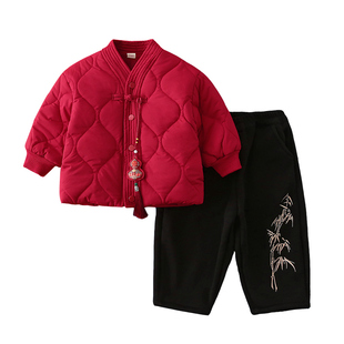 南央男童中国风棉袄冬季宝宝唐装拜年服红色套装儿童喜庆新年服装