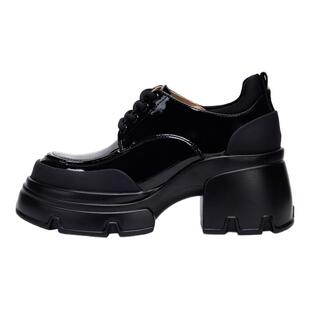 JISEAS2025春季新款厚底增高小皮鞋女系带真皮粗高跟英伦风乐福鞋