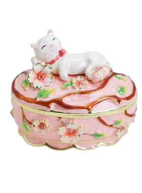 正品珐琅彩樱花猫镶钻合金首饰盒轻奢装饰摆件闺蜜生日情人节礼物