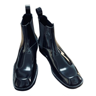 设计师款光面方头梯面短靴漆皮切尔西靴男英伦风休闲厚底短筒皮靴