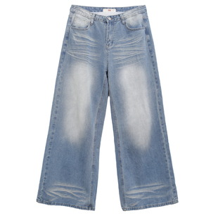 ohmyloli 千禧复古水洗磨白做旧小众grunge风格阔腿牛仔裤