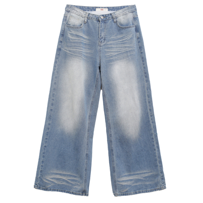 ohmyloli 千禧复古水洗磨白做旧小众grunge风格阔腿牛仔裤