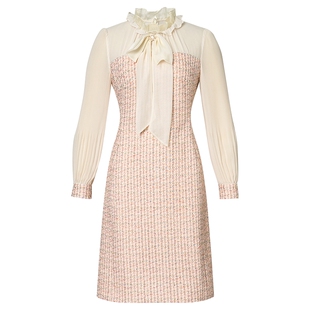 Lakoradior拉珂蒂商场同款优雅气质米粉连衣裙女花呢高领纱袖裙女