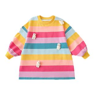 幼悠女童中长款卫衣可爱卡通彩虹条纹上衣宝宝春秋新款宽松套头衣