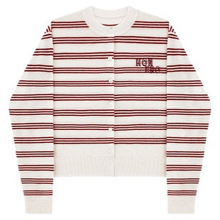 HONORE古月 100%绵羊毛 云朵般棉柔肌理感 条纹针织短袖T开衫套装