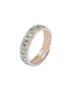 山予棠S999.9足银古法描金珐琅银杏叶心经莲花复古国潮可调节戒指