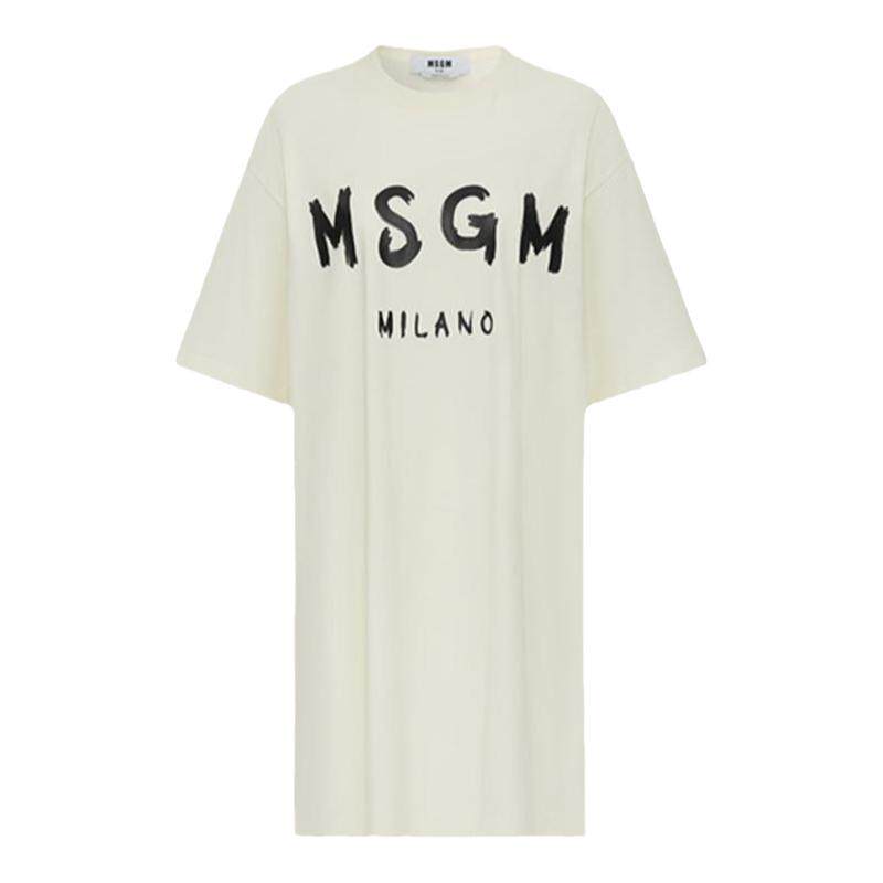 MSGM春秋新款女士国际大牌印花秋季黑色短袖T恤式连衣裙上衣白色