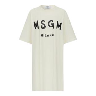 MSGM春秋新款女士国际印花秋季黑色短袖T恤式连衣裙上衣白色