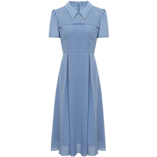 专柜正品马天奴女装春夏新款翻领短袖连衣裙收腰气质网布长裙裙子