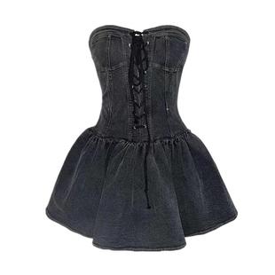 美式西部牛仔风辣妹连衣裙穿搭复古收腰抹胸牛仔a字裙夏女小个子