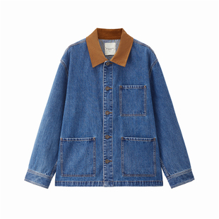 佐丹奴设计师款拼接灯芯绒翻领多口袋宽松水洗牛仔外套男18075813