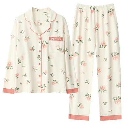 100％纯棉带胸垫翻领女长袖睡衣