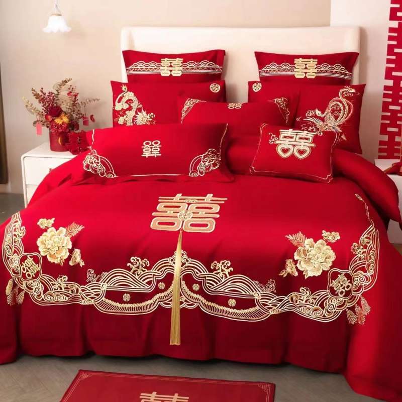 高端新婚庆四件套大红色喜被刺绣结婚房喜庆被套纯棉婚礼床上用品