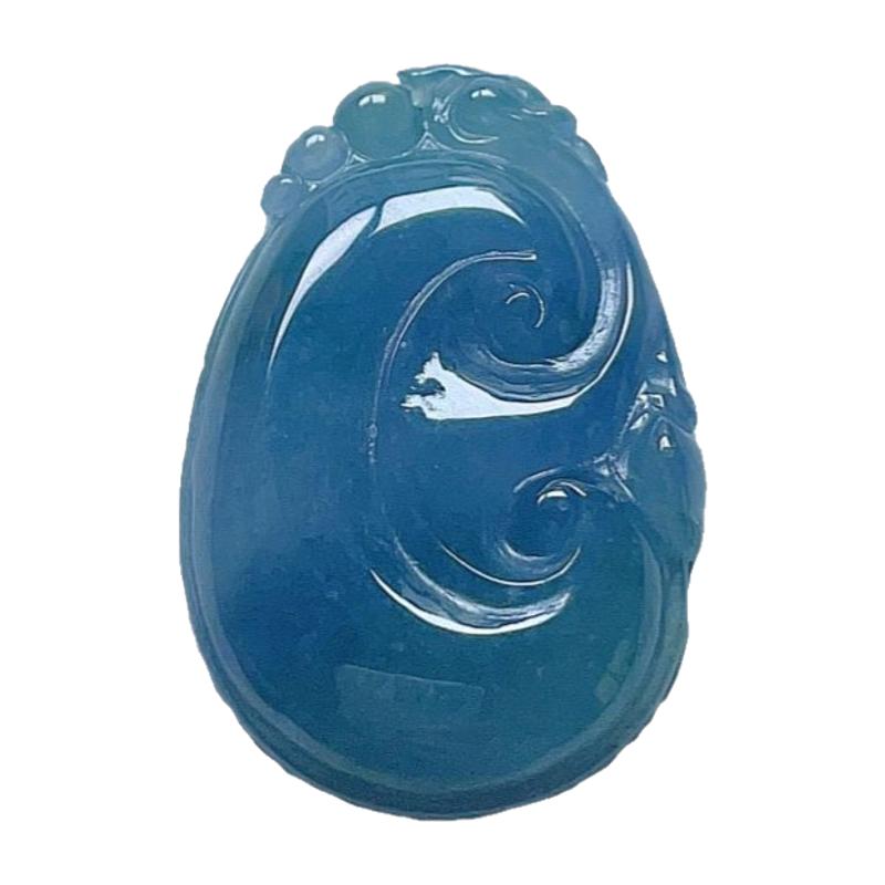 A货翡翠天空海蓝烟紫蓝绿如意吊坠天然老坑双面雕叶子玉坠入财玉