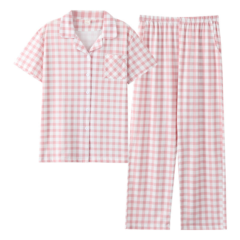 2026新款睡衣女夏季纯棉薄款开衫翻领格子短袖长裤家居服两件套装