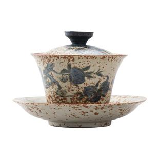 青花火石三才盖碗单个可悬停旋转陶瓷带盖茶碗茶杯大号茶具泡茶碗