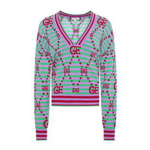 GEGINA吉吉娜女装绵羊毛混纺针织衫V领撞色字母保暖毛衣商场同款