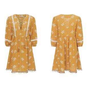 palavas徐若晗同款姜黄落日连衣裙春夏棉麻刺绣慵懒度假风短裙